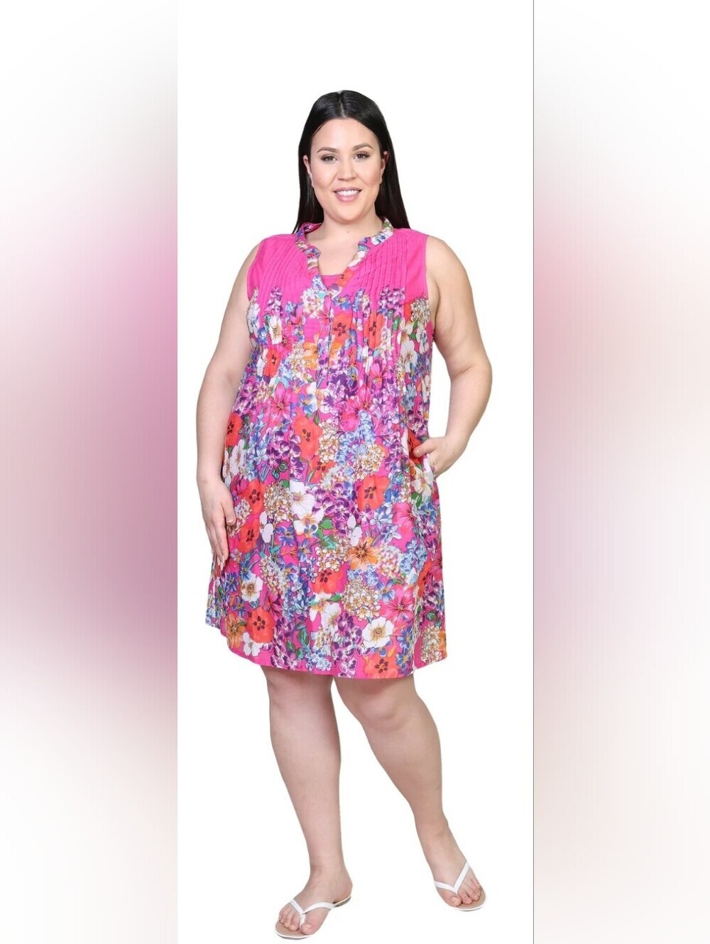 La Cera Cotton Pink Floral Sleeveless Dress Size M